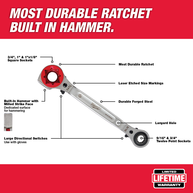 Milwaukee Lineman's 5in1 Ratcheting Wrench with Milled Face from Columbia Safety