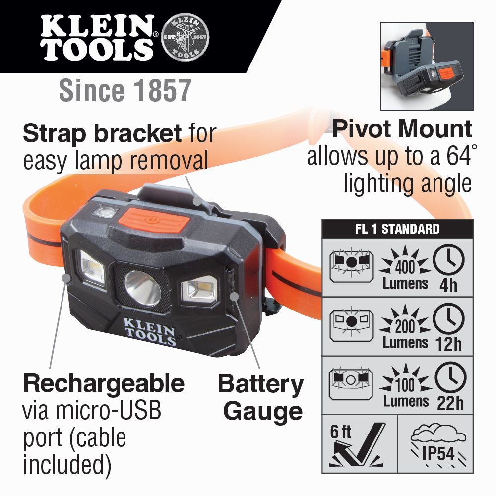 Klein Tools 400 Lumen Rechargeable Headlamp with Silicone Strap from Columbia Safety