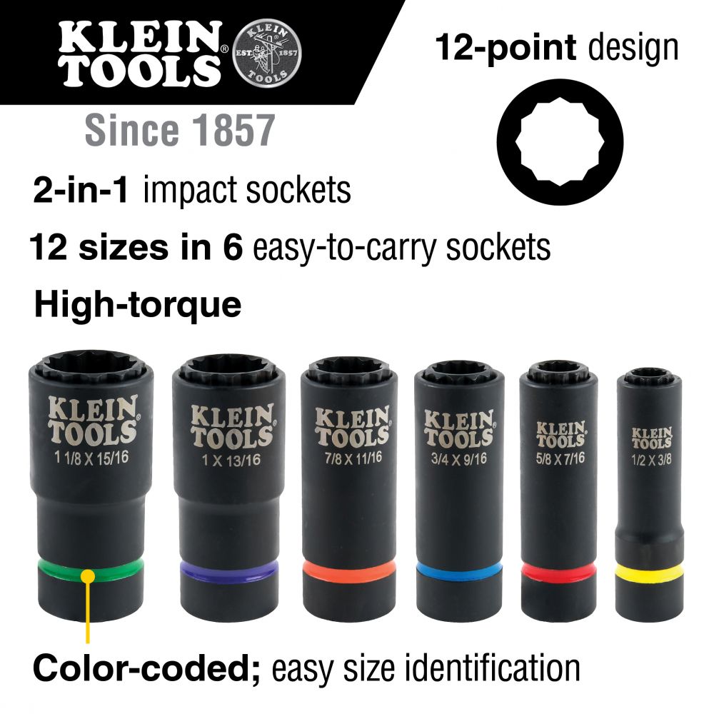 Klein Tools 2-In-1 12 Point Impact Socket 6 Piece Set from Columbia Safety