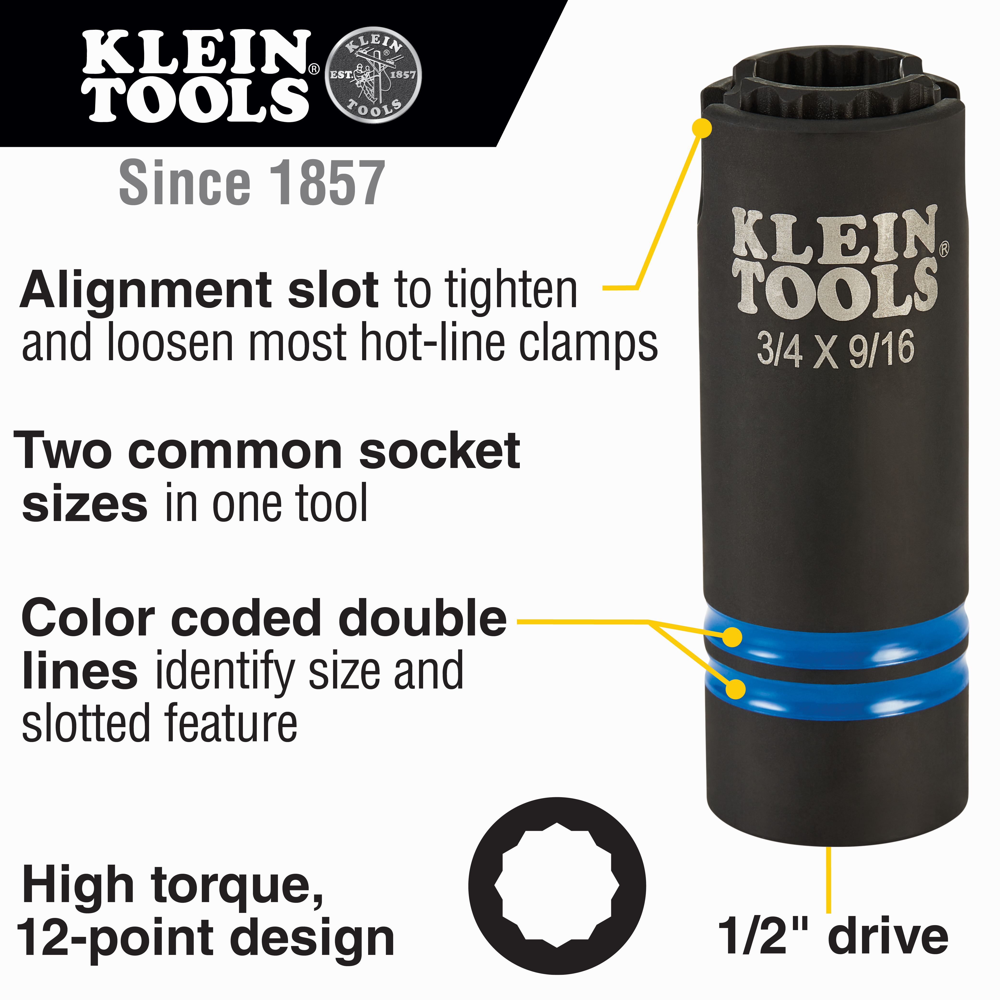 Klein Tools 3-in-1 Slotted Impact Socket, 12-Point, 3/4 and 9/16-Inch- 66031 from Columbia Safety