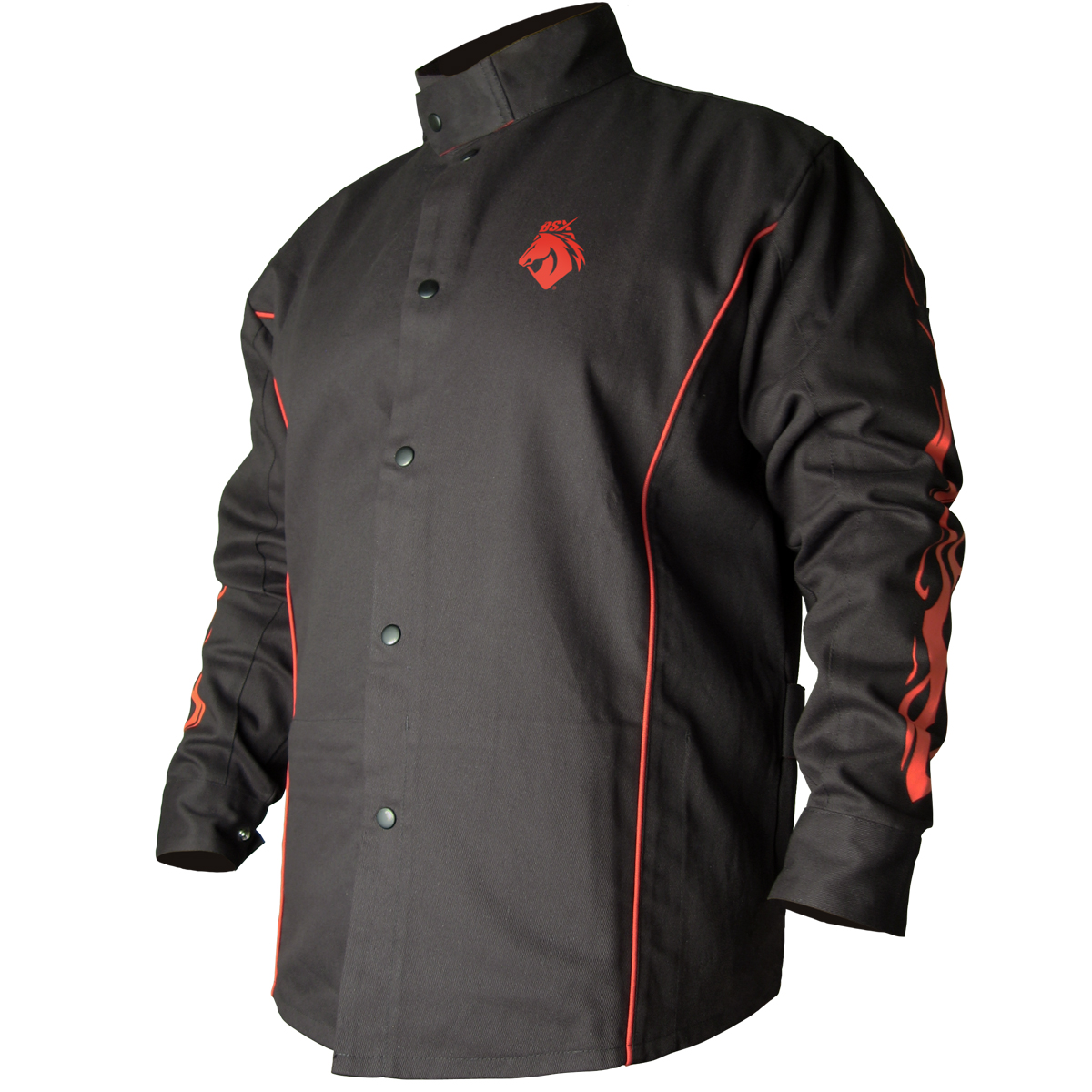 Black Stallion BX9C BSX Contoured FR Cotton Welding Jacket, Black with Red Flames from Columbia Safety