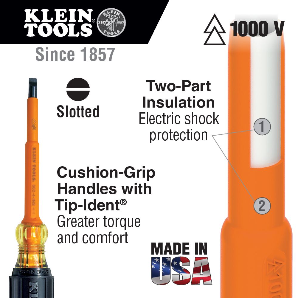 Klein Tools 602-4-INS 1/4 Inch Cabinet Tip Insulated Screwdriver from Columbia Safety